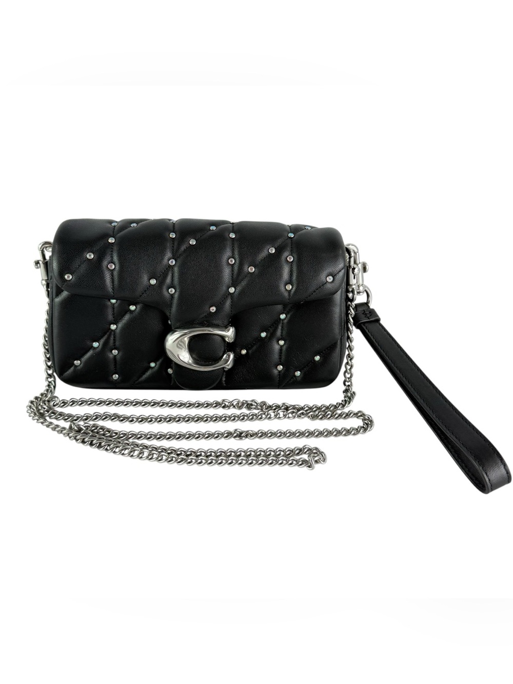 COACH Tabby Black Quilted Leather Crystal Rivets Wristlet Crossbody Shoulder Bag